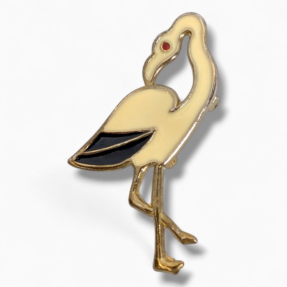 Vintage Flamingo Brooch Cream Enamel Gold Tone Red Eye Bird Pin MidCentury Retro
